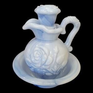 Vintage Avon Rose Bubble Bath Decanter + Dish Empty Blue Swirl Milk Glass 1978